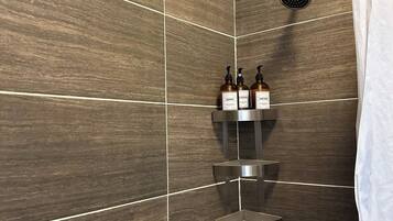 Shower, hair dryer, towels, shampoo