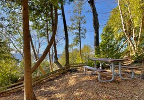 A picnic table in a wooded area with trees and a clear sky. - Goathaus | Iconic A-Frame with Bay Views (Sister Bay)