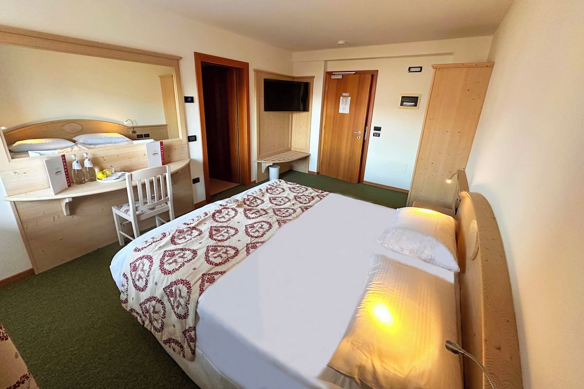 A hotel room with a bed, a desk, a chair, a television, and a wardrobe.
