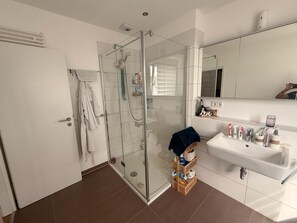 Ein modernes Badezimmer mit einer Duschkabine, einem weißen Waschbecken mit Pflegeprodukten und einem Spiegel darüber.