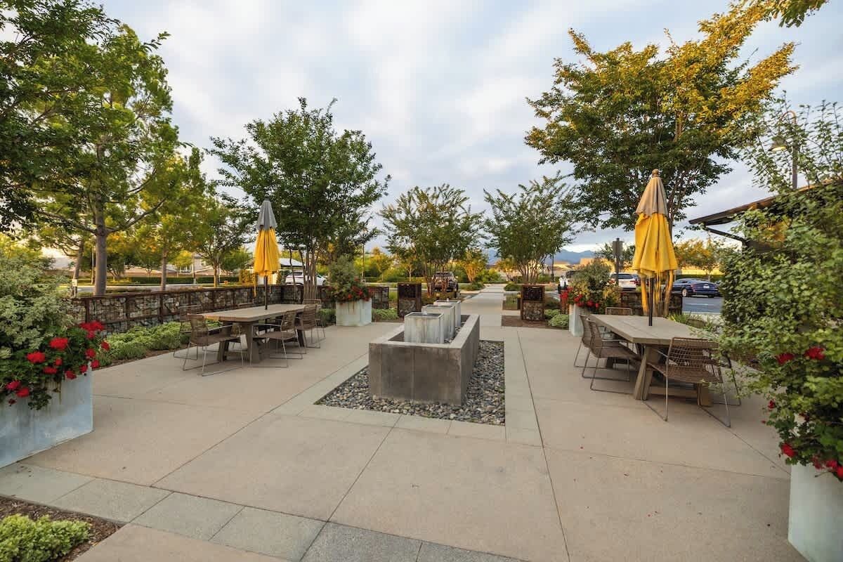 An outdoor patio area with tables and chairs, surrounded by trees and potted plants.