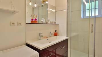 Shower, hair dryer, towels