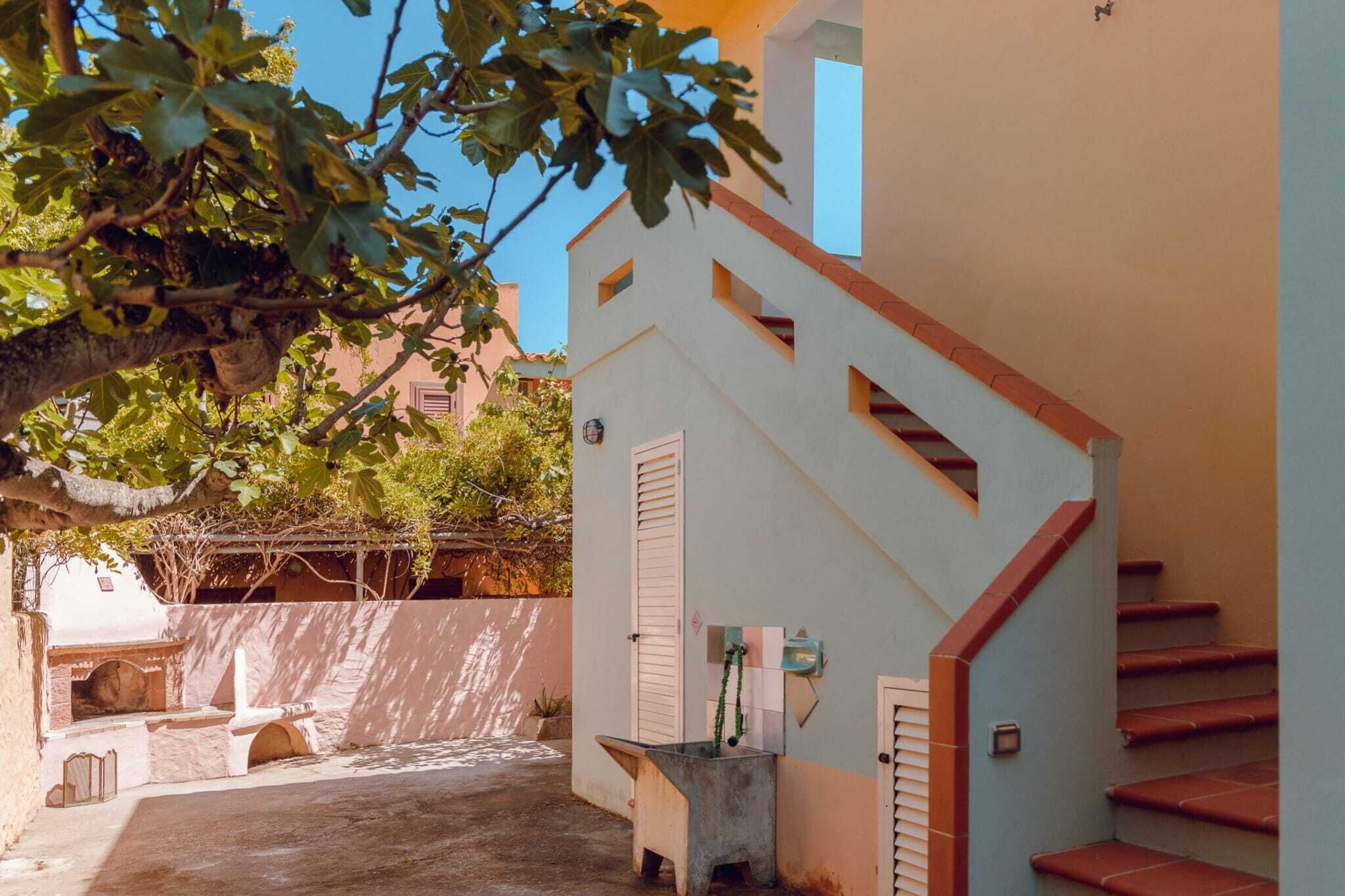 Une cour intérieure avec un escalier, une boîte aux lettres fixée au mur et un arbre.