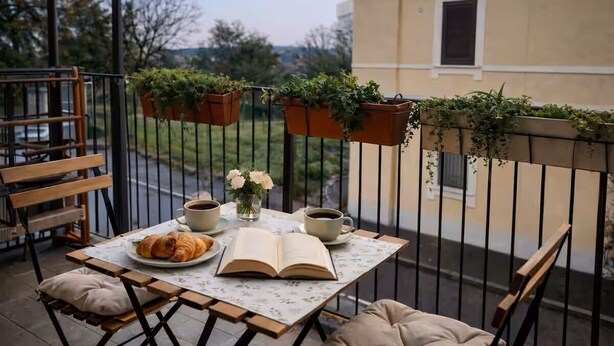 Un balcone con un tavolo apparecchiato per due persone, un libro, un piatto di croissant e due tazze di caffè.