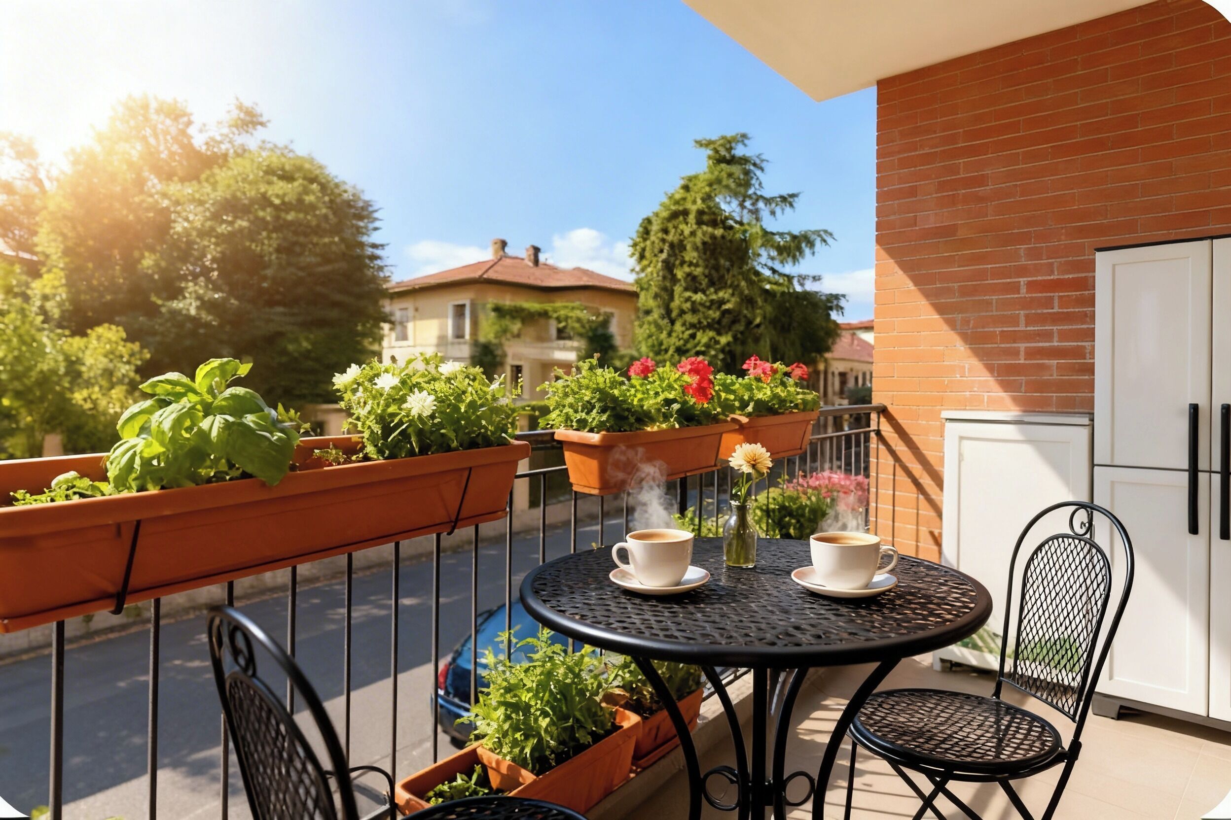 Een balkon met een ronde tafel, stoelen en potplanten.