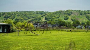 A grassy field with a swing set and houses in the background.