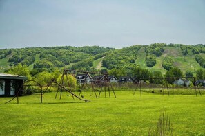 Un campo cubierto de hierba con un columpio y casas al fondo.