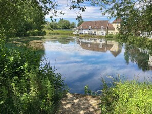Ein ruhiger Fluss mit Spiegelungen von Gebäuden, umgeben von Grün.