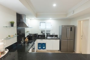 A compact kitchen with a black countertop, stainless steel appliances, and a glass shelf. - Beachfront Condo | FREE Electricity | Sleeps 8 (Punta Cana)