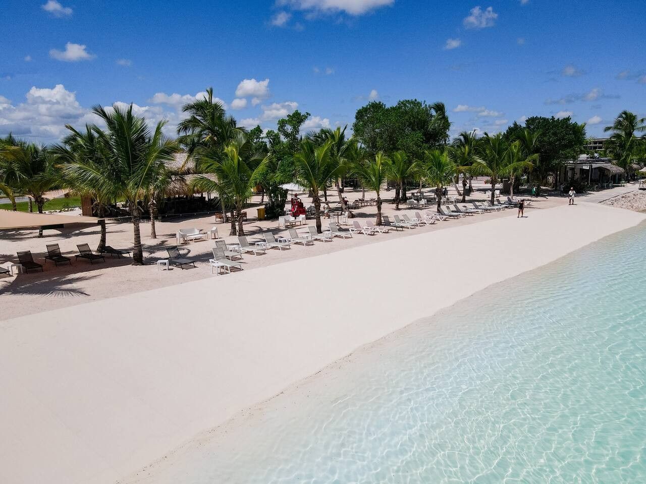 Una spiaggia con sabbia bianca, acque cristalline turchesi e palme.