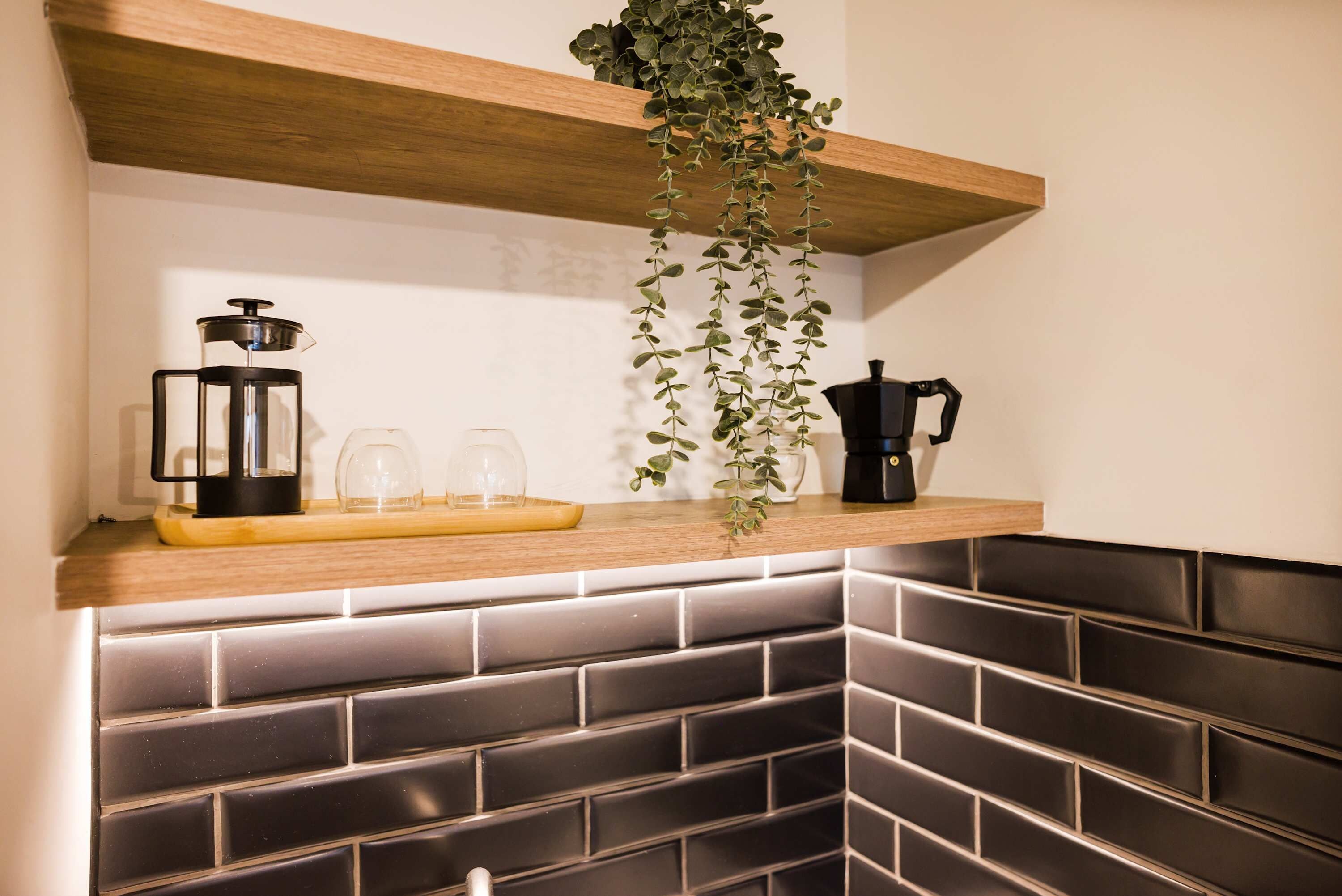 Une cuisine avec une étagère en bois, une plante suspendue, une machine à café et une carafe en verre.