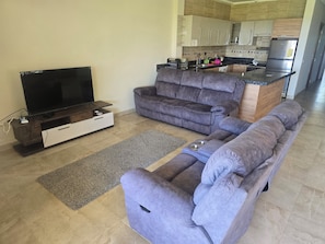 Ein Wohnzimmer mit Fernseher, Sofa und einer Küche im Hintergrund.