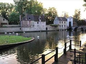 Ein Kanal mit Gebäuden, einer Brücke und Schwänen.