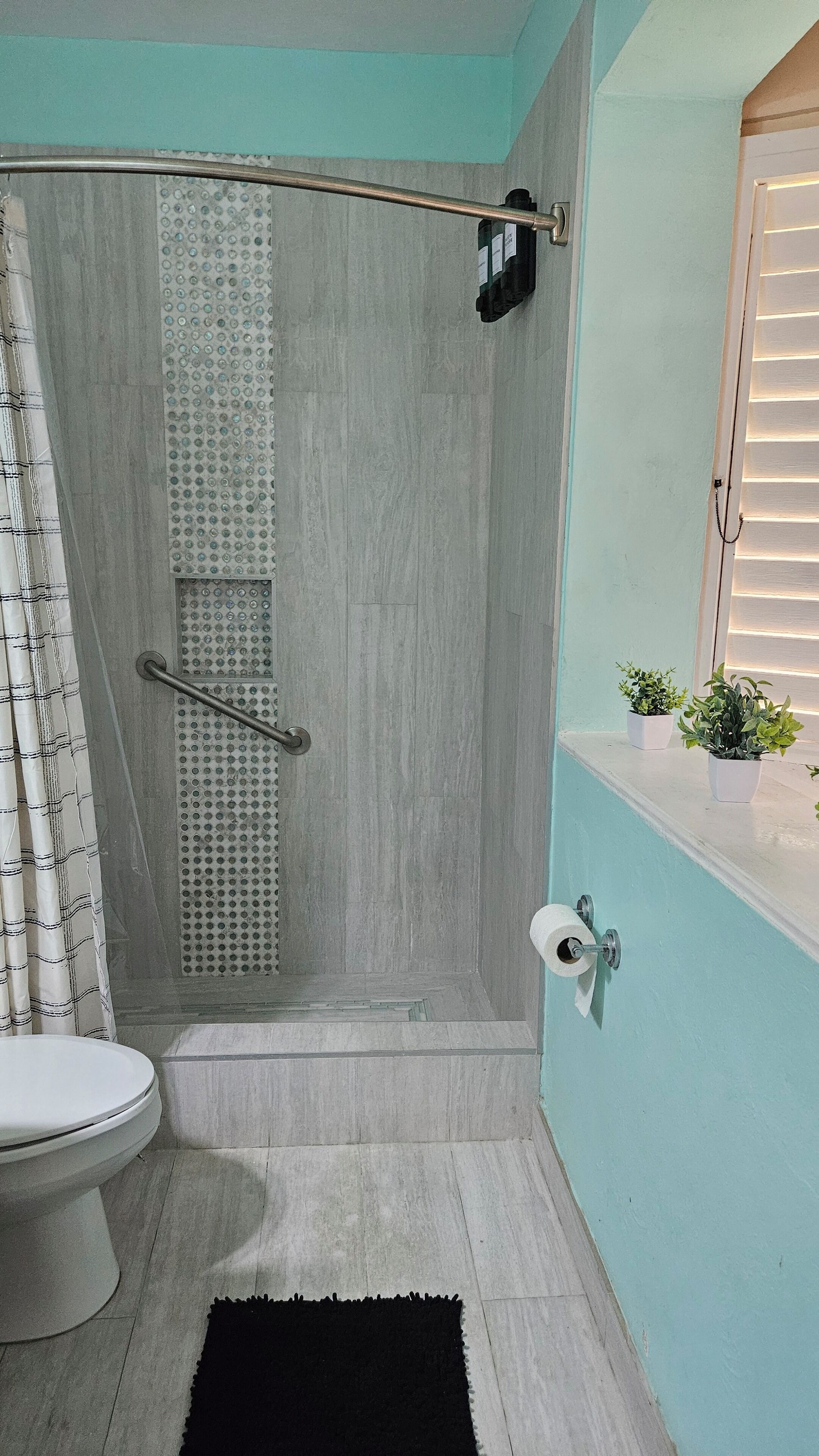 A bathroom with a shower, toilet, and a small window with plants.