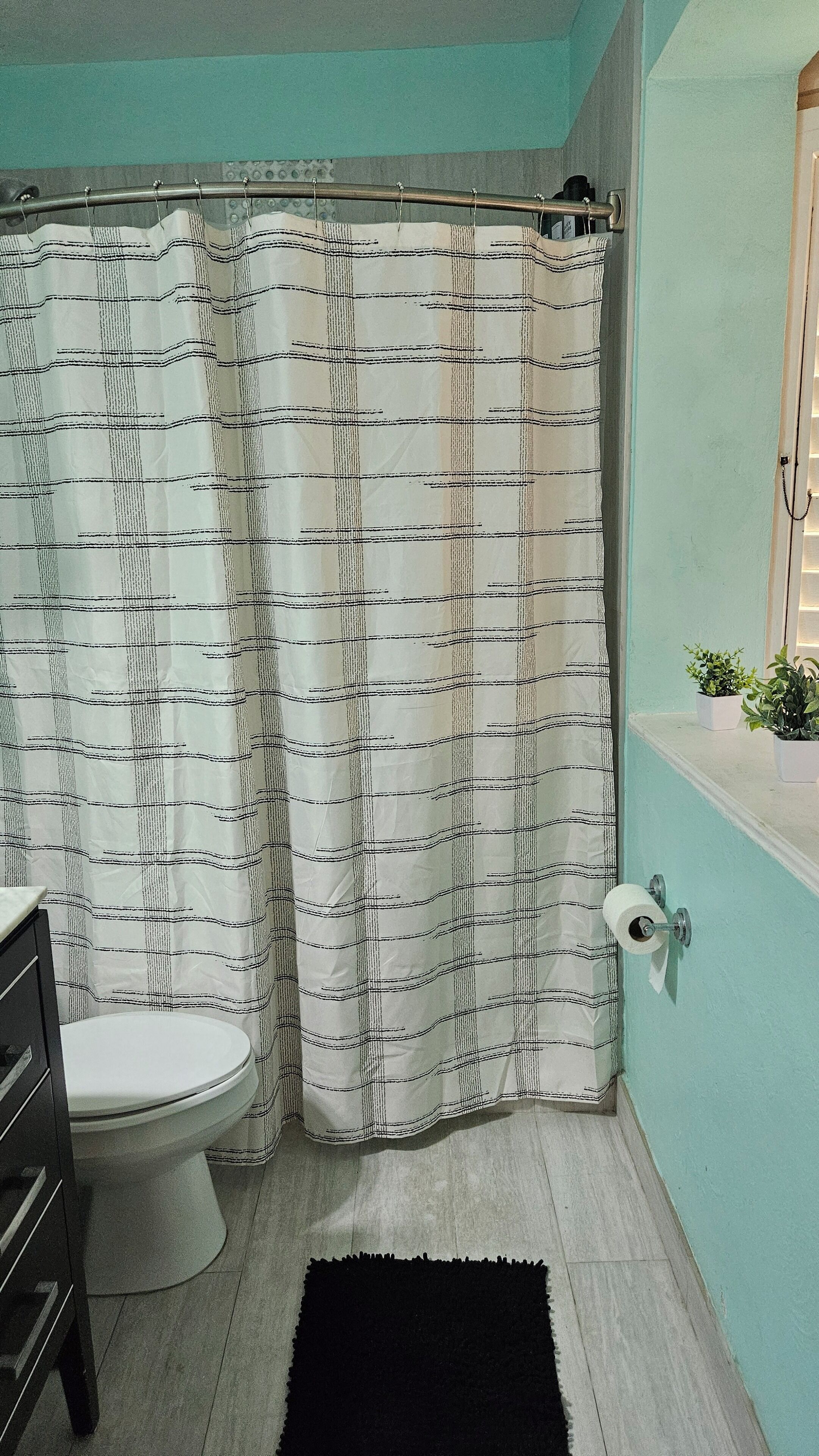 Een badkamer met een gestreept douchegordijn, een toilet, een zwart vloerkleed en een klein raam met planten.