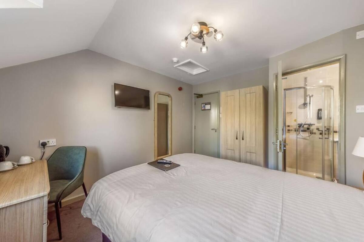 Habitación de hotel con cama, escritorio con silla, televisor, espejo, armario y zona de ducha.