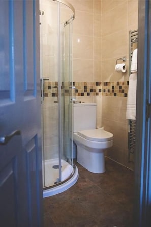 A bathroom with a glass shower enclosure, a toilet, and a towel rack. - The Throckmorton (Alcester)