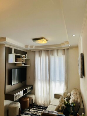 A modern living room with a flat-screen TV, built-in shelves, a sofa, and a large window with sheer curtains.