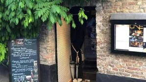 Un restaurant avec un mur en briques et des plantes.