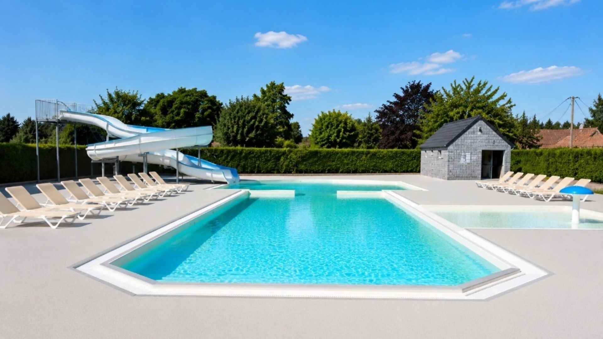 Una piscina con tobogán y sillas de descanso.