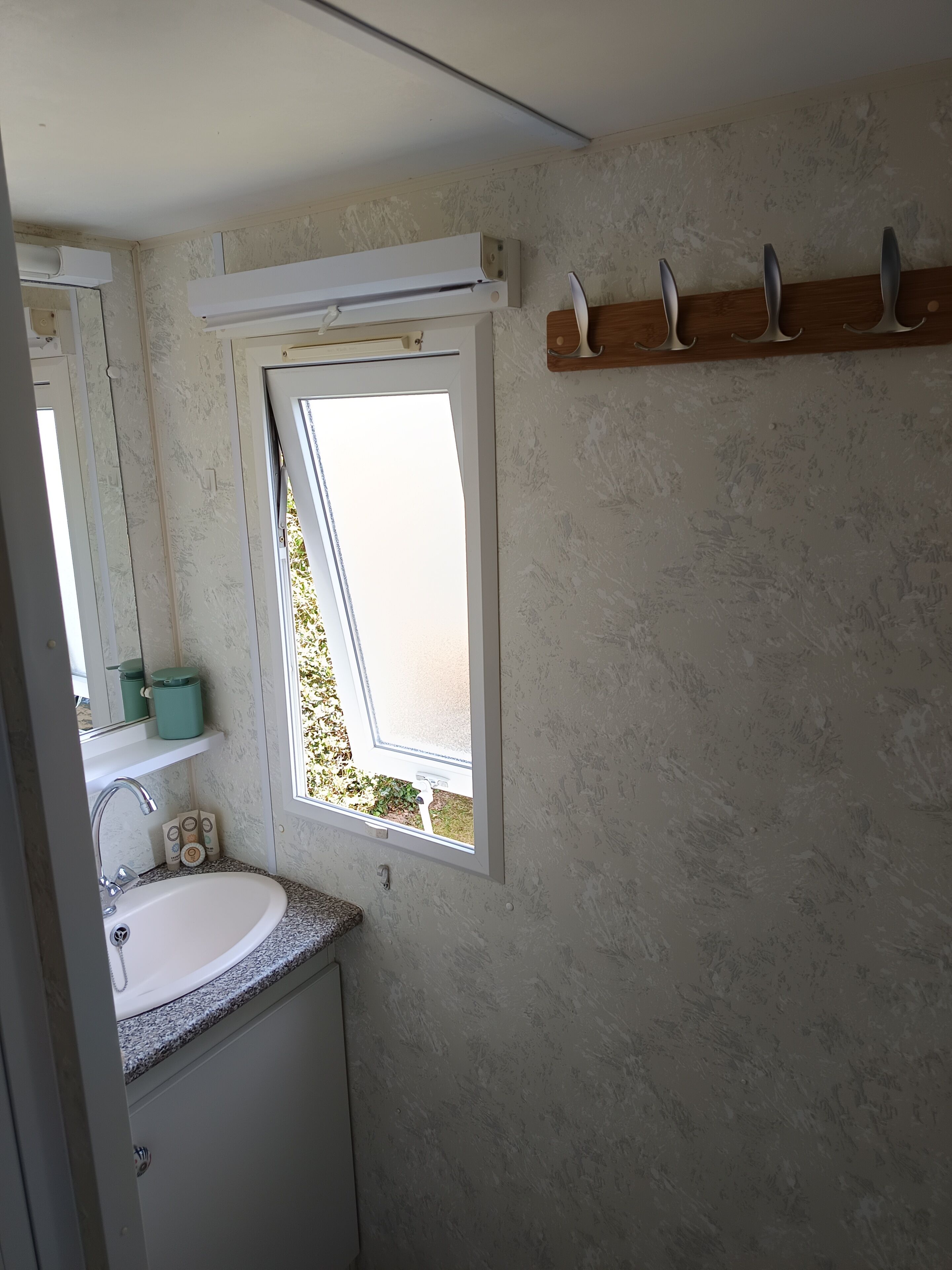 A bathroom with a window, a sink, a mirror, and a towel rack.