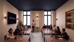 A conference room with a presentation screen, a whiteboard, and a speaker addressing a group of people seated at tables. - DAFFY Hôtel (Briançon)