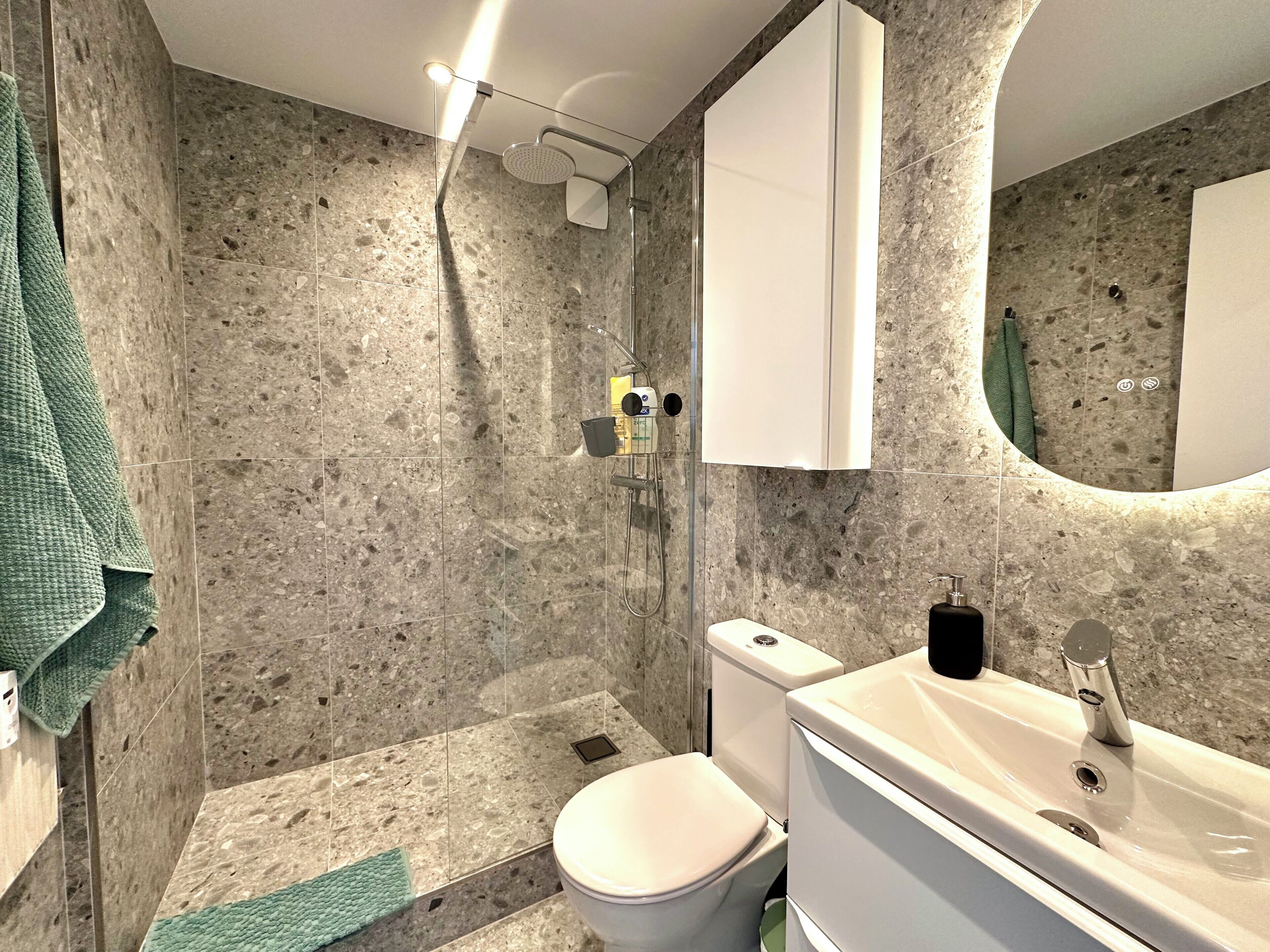 Une salle de bain équipée d’une douche, de toilettes, d’un lavabo et d’un miroir.