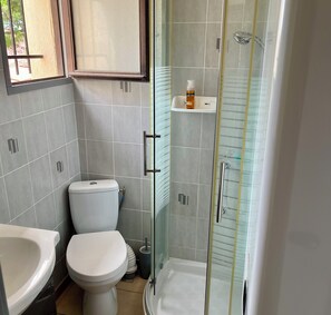 A bathroom with a toilet, sink, and shower area. - Studio in Sainte-Marie-la-Mer near the beach (Sainte-Marie-la-Mer)