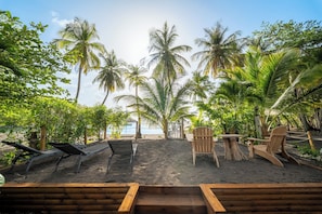 Ein Strand mit Palmen, Holzstühlen und einem Sandbereich.