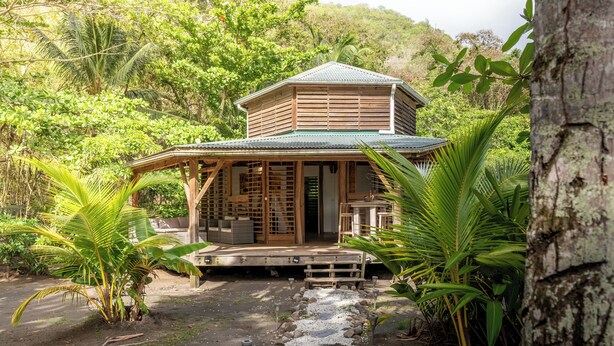 A wooden house with a porch, surrounded by tropical vegetation. - Bungalow Ixora, seaside (Les Anses-d'Arlet)