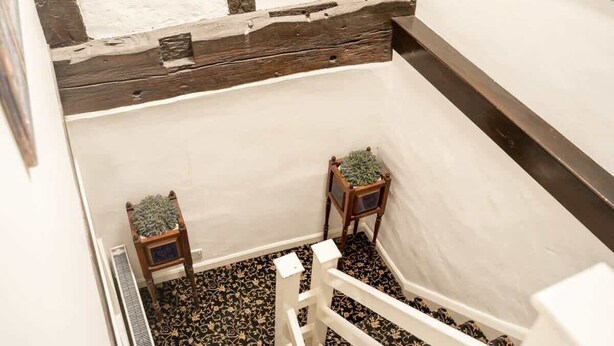 Un escalier avec une rampe blanche, une main courante en bois et deux petites tables en bois ornées de plantes.