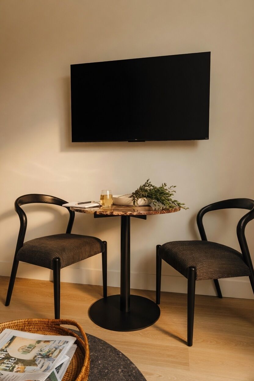 Een moderne kamer met een flatscreen televisie aan de muur, twee zwarte stoelen met beklede zittingen, een klein rond tafeltje met een plant en een glas, en een rieten mand met tijdschriften op de vloer.