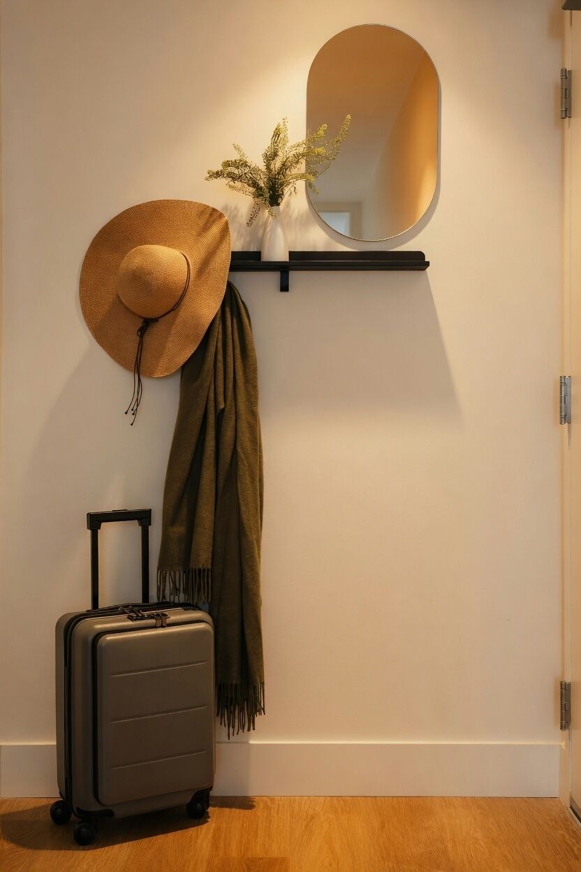 Una habitación con una maleta, un sombrero, una bufanda y un espejo en la pared.