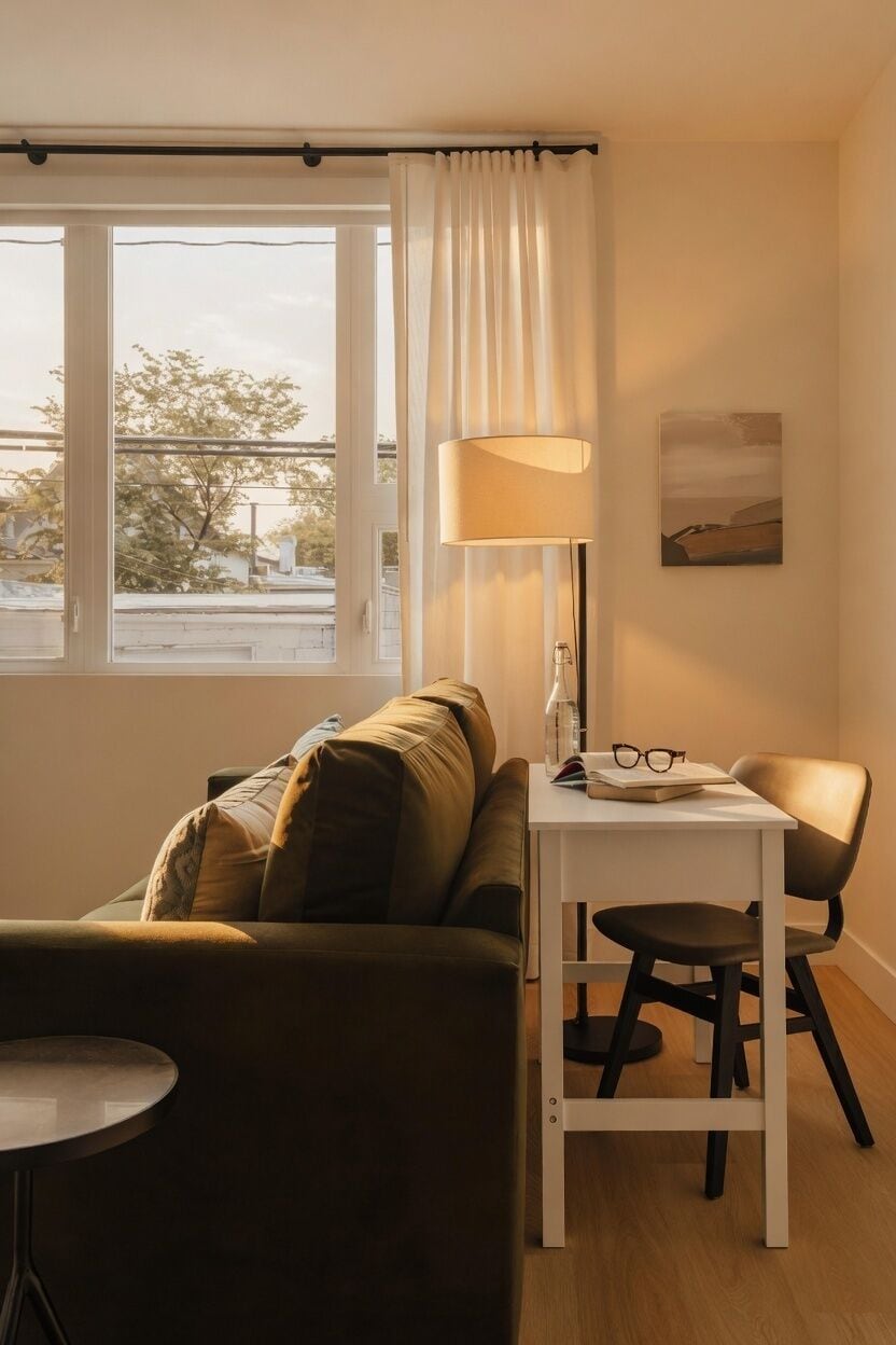 Une pièce confortable avec un canapé, une petite table, une lampe et une chaise.