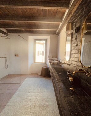 Shower, hair dryer, bidet, towels