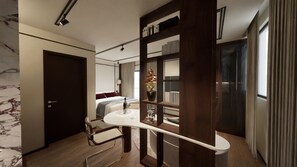 A modern hotel room with a marble wall, a wooden desk, a bed, and a bathroom with a shower. - Skygate Lisbon Airport (Loures)