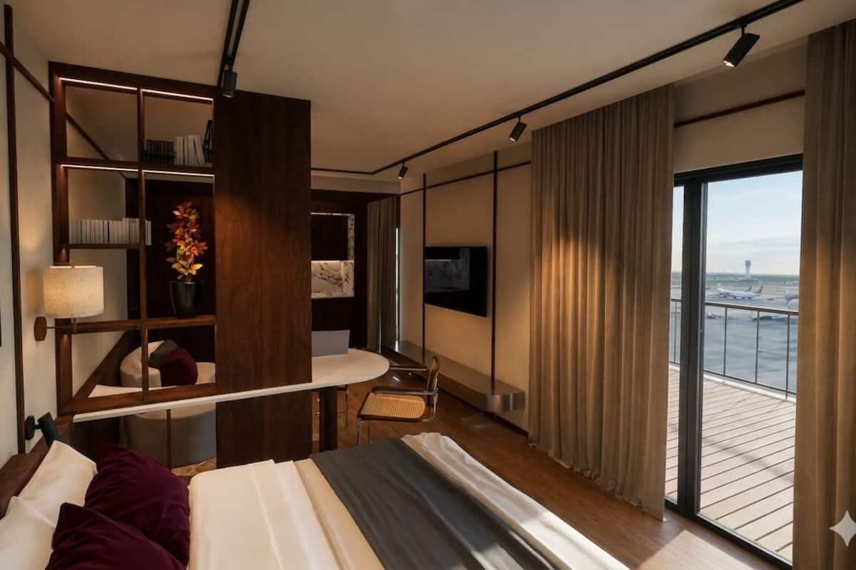 A modern hotel room with a bed, a desk, a bookshelf, a TV, and a balcony with a view.