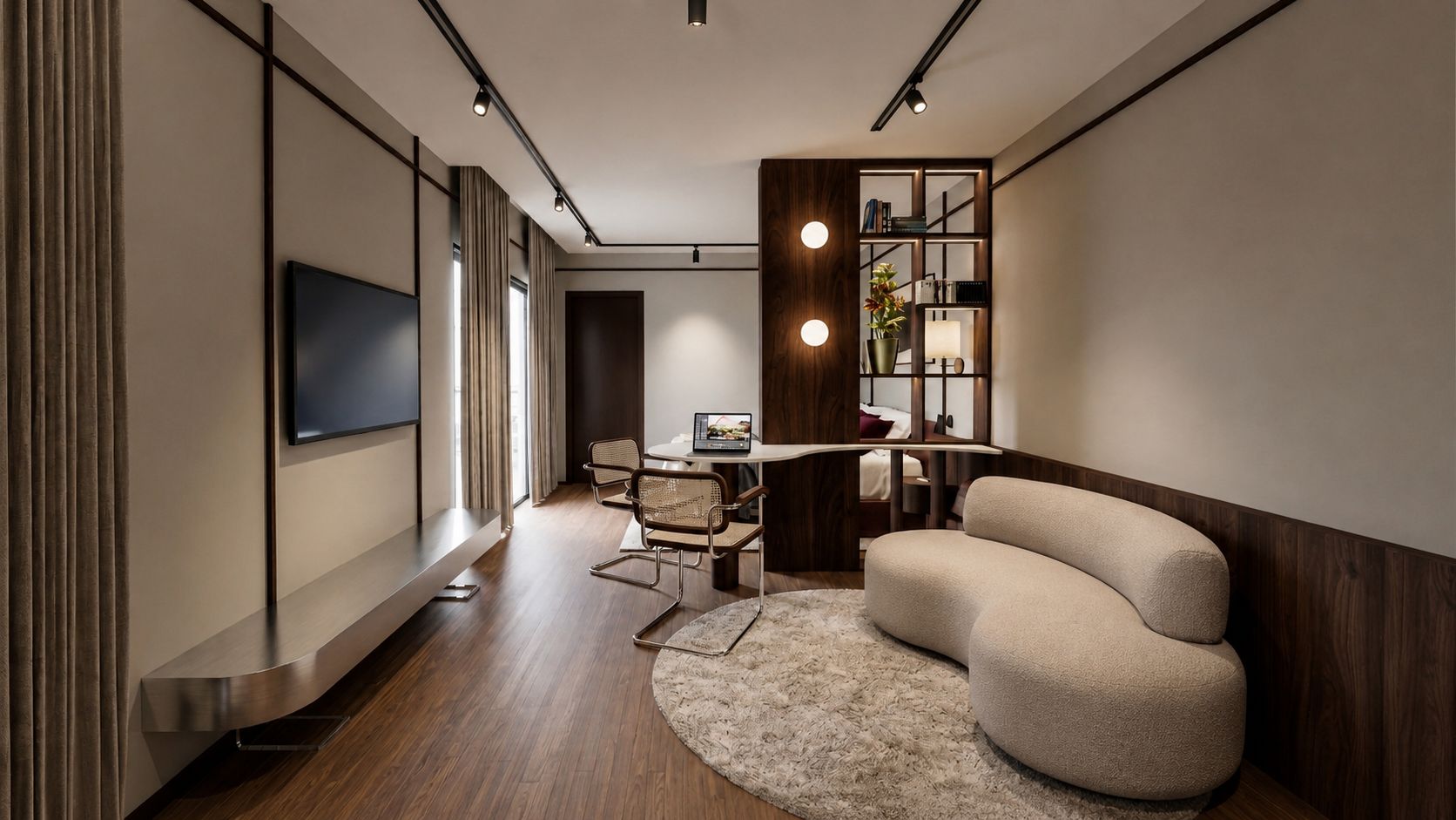 Uma sala de estar moderna com televisão de tela plana, sofá, área de jantar com mesa e cadeiras, e uma estante de madeira.