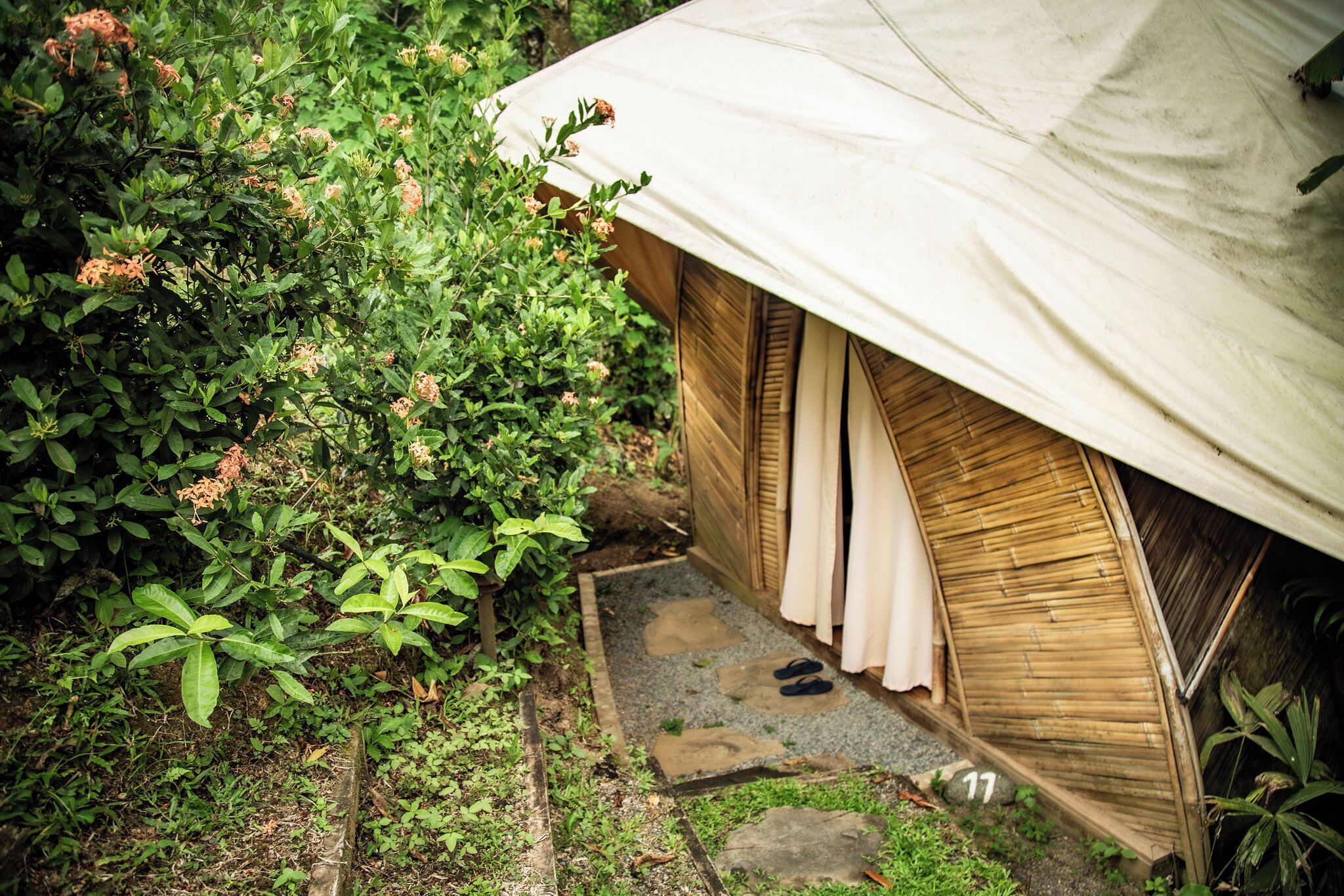 Een kleine, rustieke tent met een bamboe buitenkant en een wit canvas dak, gelegen in een weelderige tuin met dichte beplanting en een pad van stenen dat naar de ingang leidt.