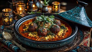 Un tagine marroquí tradicional con albóndigas, cuscús y verduras.