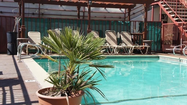 A pool area with lounge chairs, a potted plant, and a pergola. - Days Inn by Wyndham Victorville/hesperia I-15 & P (Victorville)