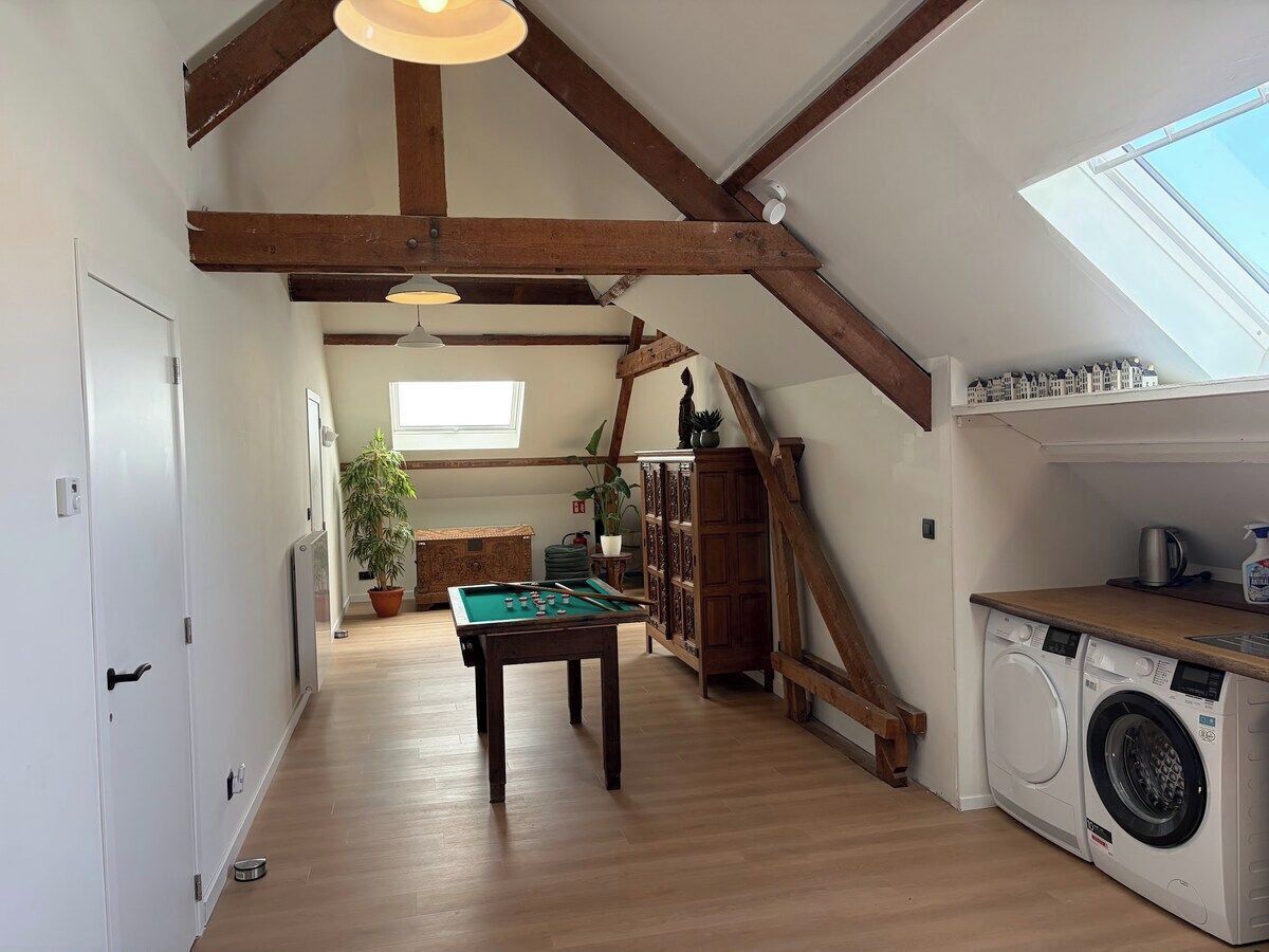 A loft-style room with wooden beams, a pool table, a washing machine, and a skylight.