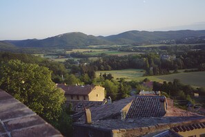 A view of a rural landscape with rolling hills, a small village, and traditional buildings with tiled roofs.