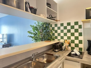Eine moderne Küche mit einem Edelstahlspülbecken, einer karierten Spritzschutzwand und einem Blumentopf.