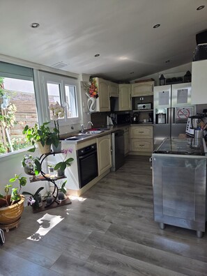Eine moderne Küche mit Geschirrspüler, Backofen und Kühlschrank. Üchtziertöpfe und ein Fenster sorgen für natürliches Licht.