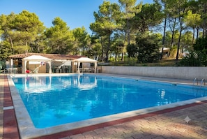 Ein Pool mit überdachtem Bereich, umgeben von Bäumen und blauem Himmel.