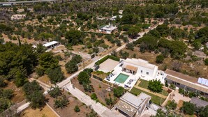 An aerial view of a residential area with a prominent white house featuring a swimming pool, surrounded by greenery and a coastal backdrop. - Symphony Sound By BarbarHouse (Sannicola)