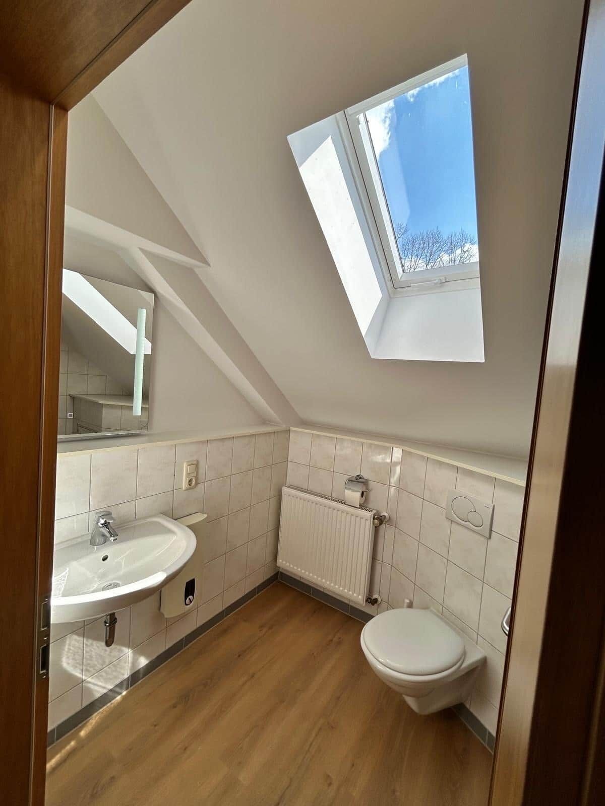 Een moderne badkamer met dakraam, een wastafel, toilet en spiegel.