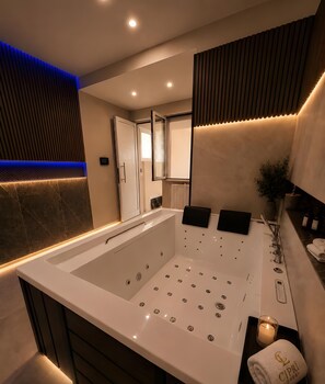 Shower, hair dryer, towels - Room 'Exclusive Suite' with Mountain View, Wi-Fi and Air Conditioning (Palermo)