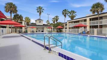 Outdoor pool, pool umbrellas, pool loungers